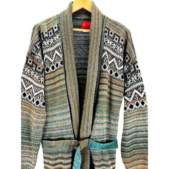 VTG Kings Road Sears Cardigan Mens L Green Cowichan Belted Sweater Western Boho - Picture 2 of 9